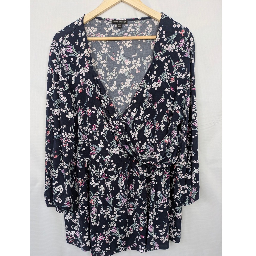 Lane Bryant Faux Wrap Floral Top Women 18/20 Navy Bishop Sleeve Stretch Blouse
